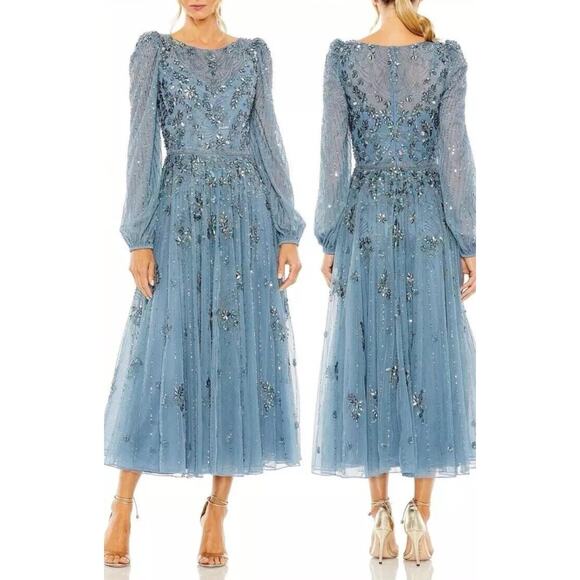 NWT Mac Duggal High Neck Size 6 Floral Embellished Puff Long Sleeve Midi Dress - Picture 2 of 16